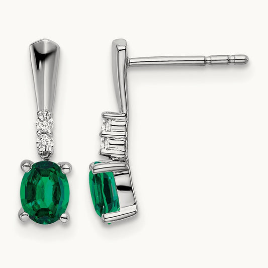 Oval Created Emerald and Diamond Dangle Earrings — 14K White Gold