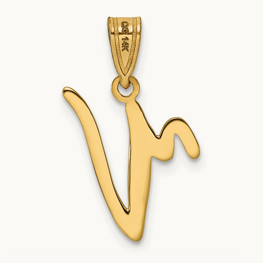 Script Letter V Initial Pendant, 14K Yellow Gold