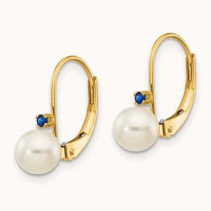 5- White Round FW Cultured Pearl Sapphire Leverback Earrings, 5.5mm, 14K