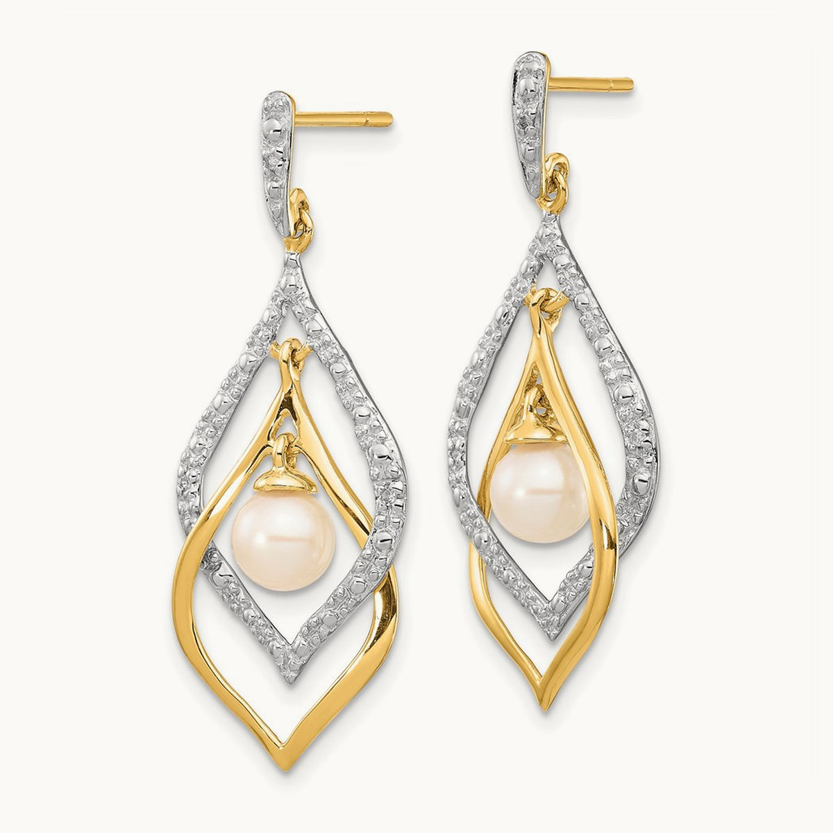 5- White Round FWC Pearl .02ct Diamond Dangle Earrings, 6mm, 14K