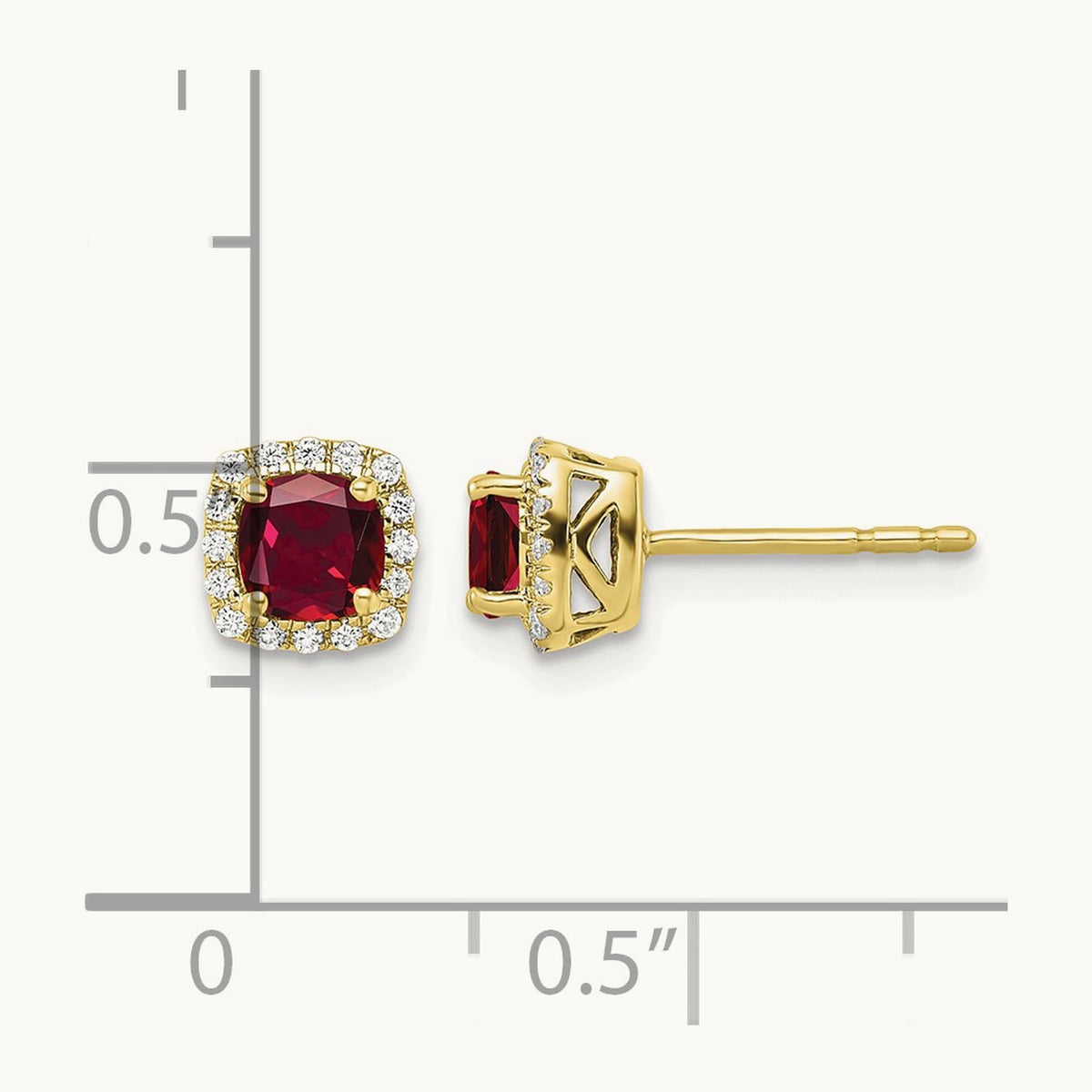 Created Ruby Square Halo Post Earrings, 0.10 ct tw Lab-Grown Diamond — 10K Yellow Gold
