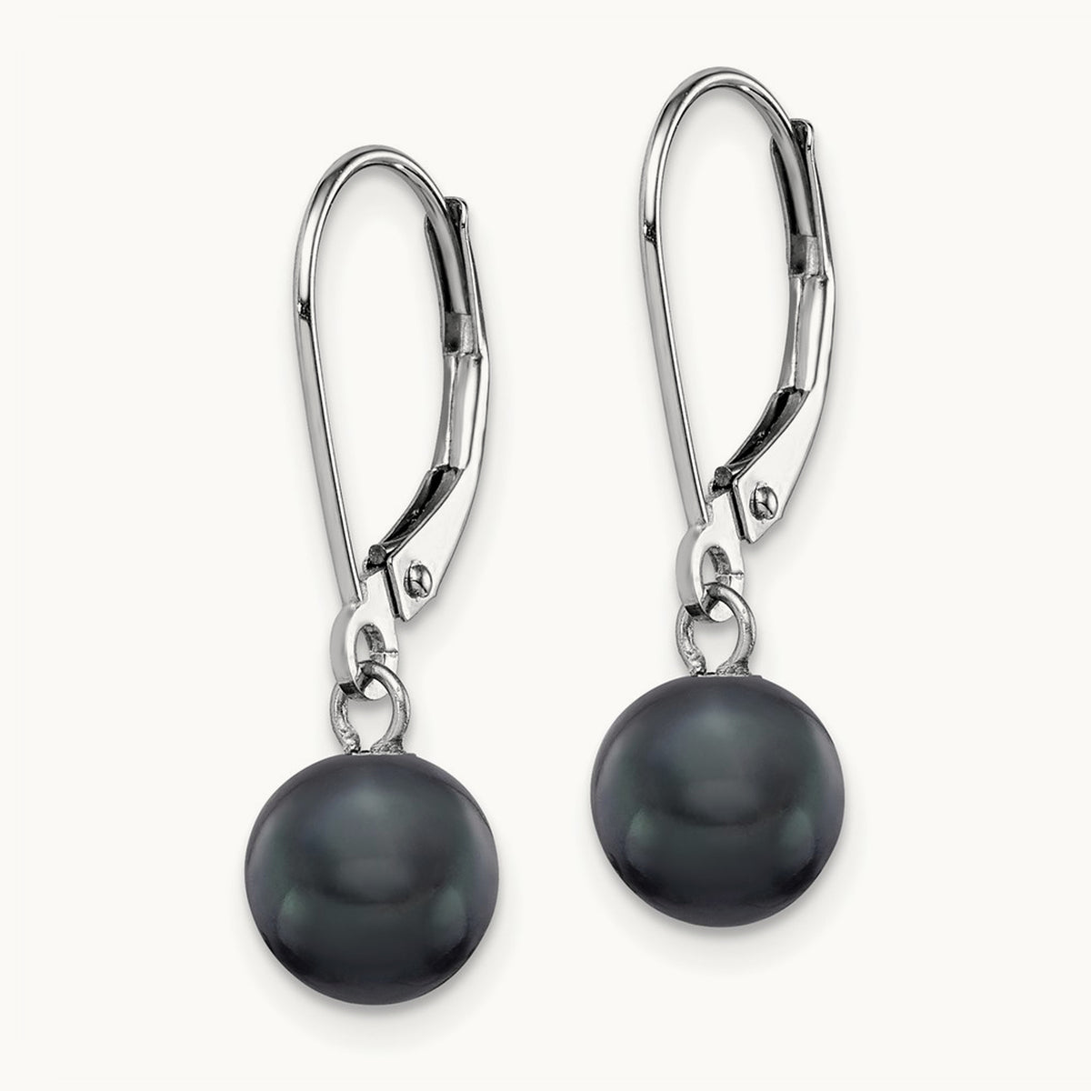 7- Black Round FWC Pearl Leverback Earrings, 8mm, 14K White Gold