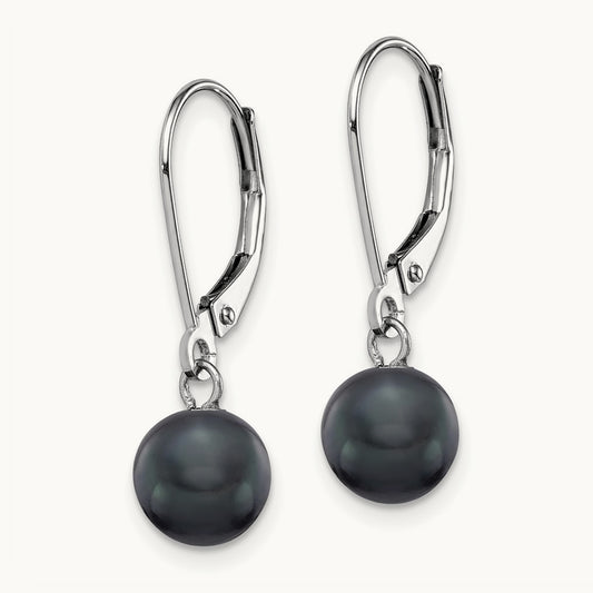 7- Black Round FWC Pearl Leverback Earrings, 8mm, 14K White Gold