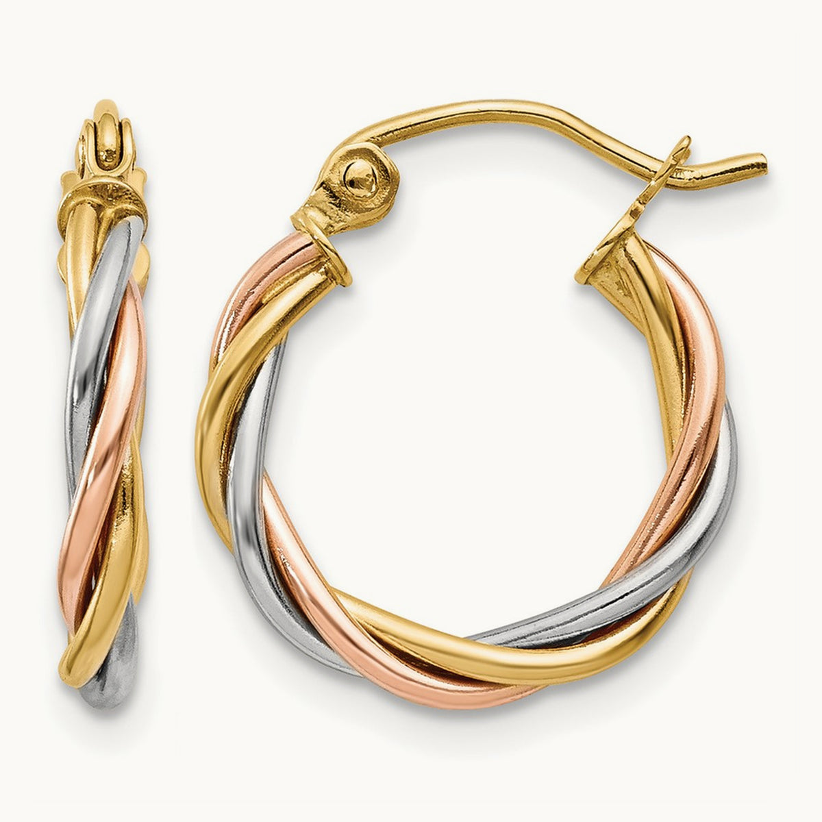 Tri-color Polished Twisted Hoop Earrings, 2.5mm, 14K