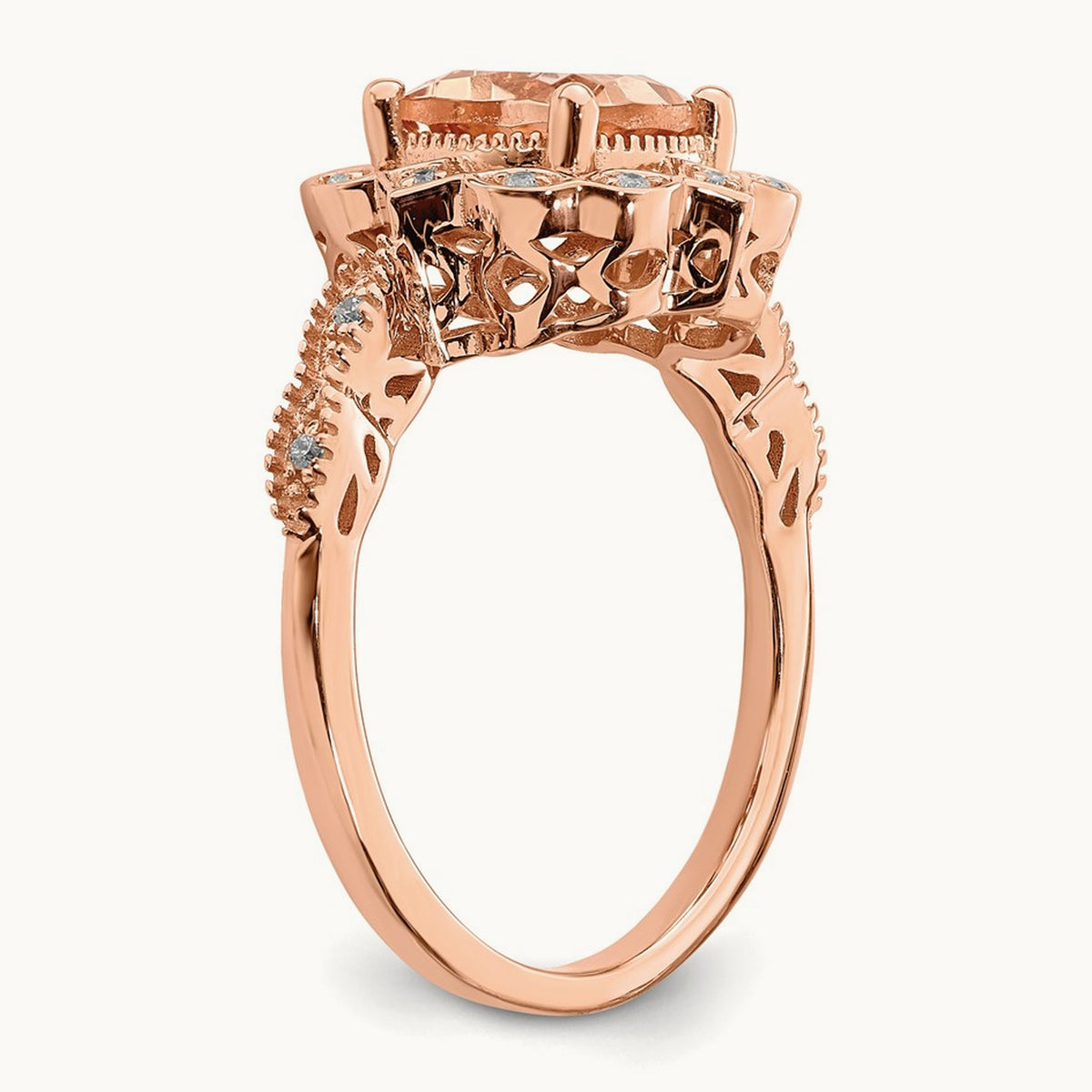 Morganite Diamond Halo Complete Engagement Ring, 14K Rose Gold