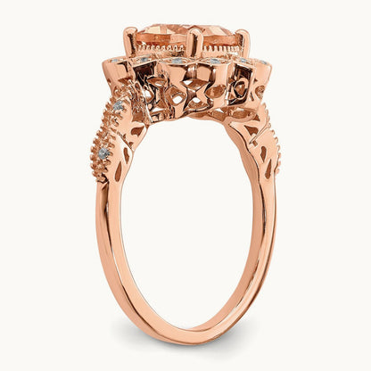Morganite Diamond Halo Complete Engagement Ring, 14K Rose Gold