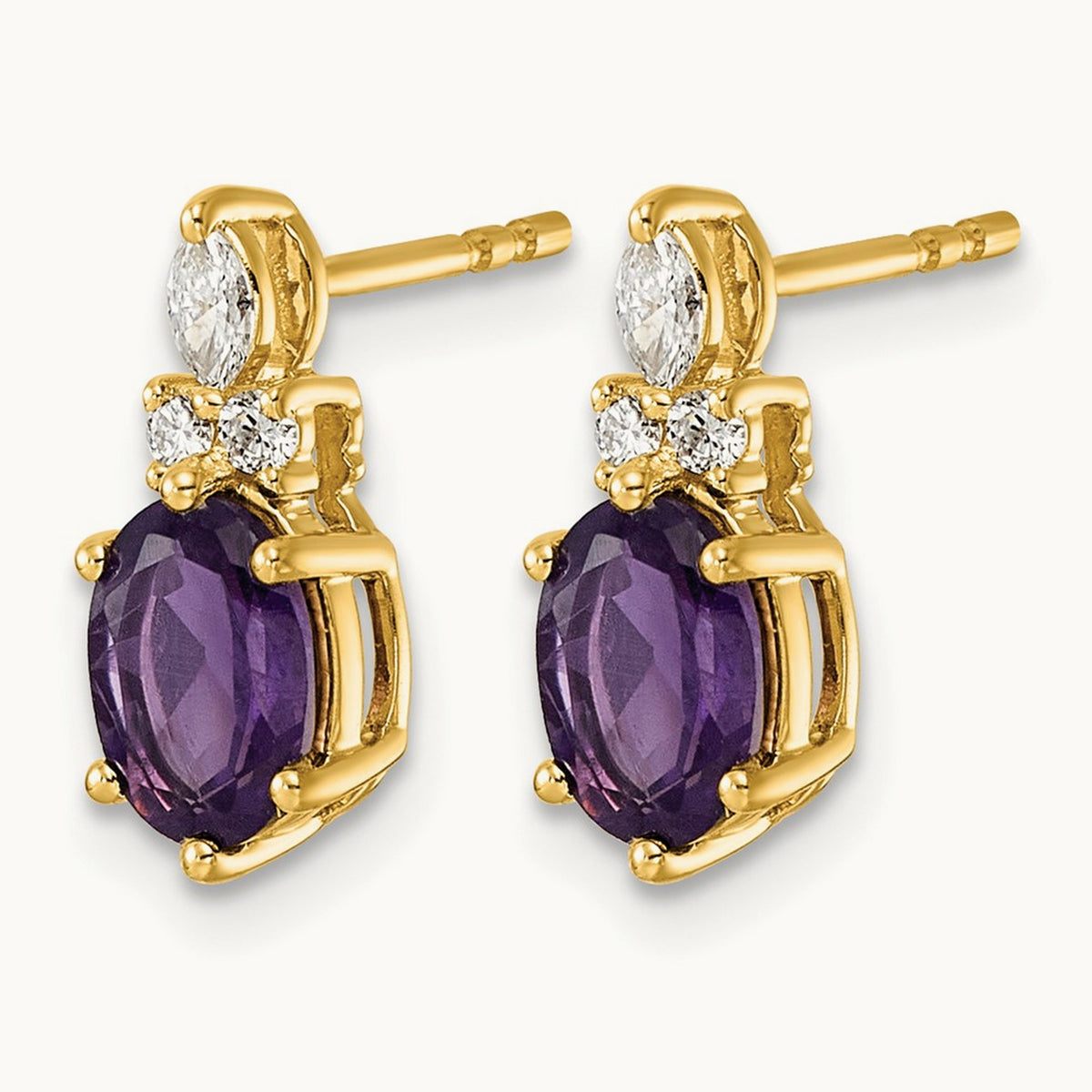 Diamond and Amethyst Post Earrings — 14K Yellow Gold