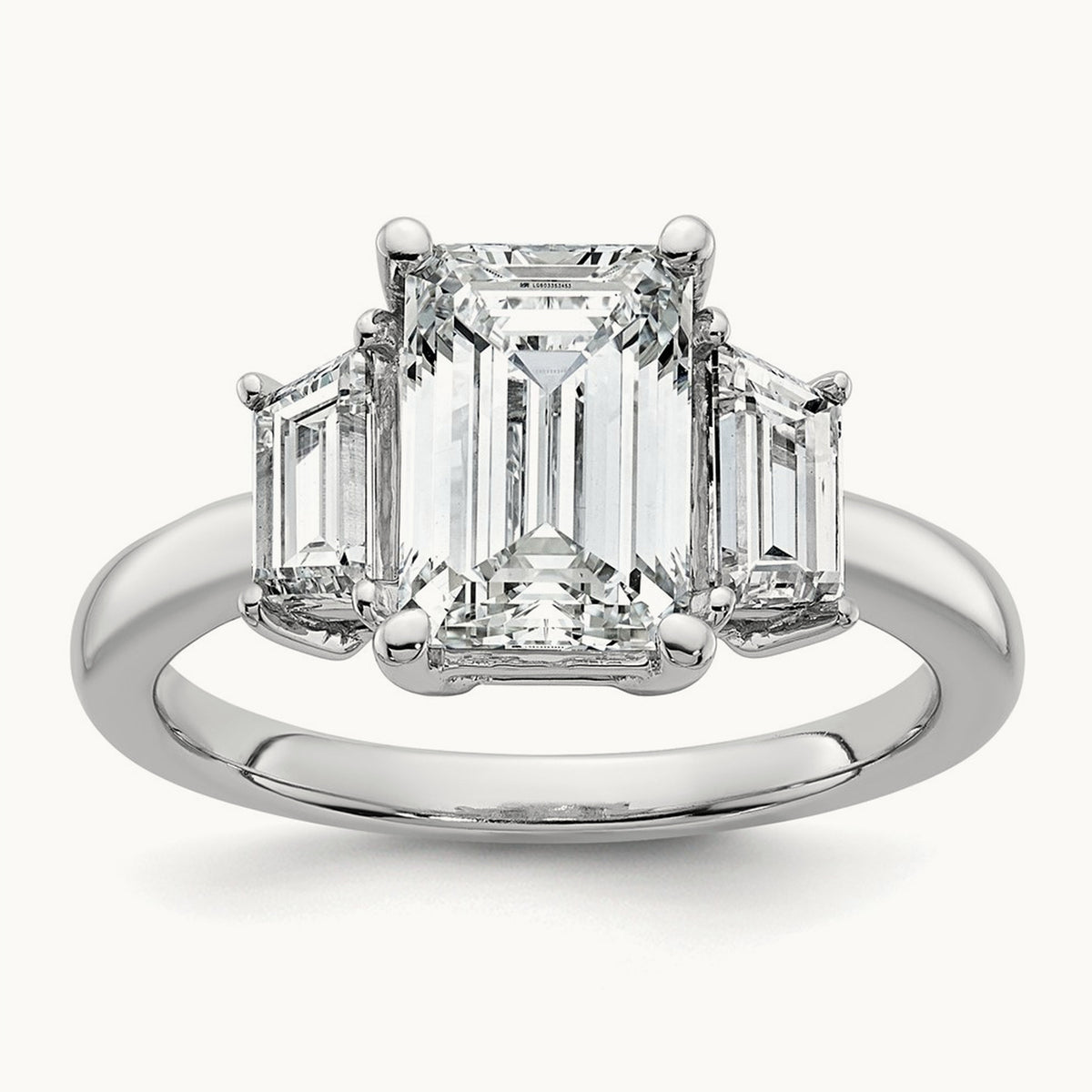 Emerald & Trapezoid Engagement Ring — 14K White Gold, 3 1/3 ct, 7