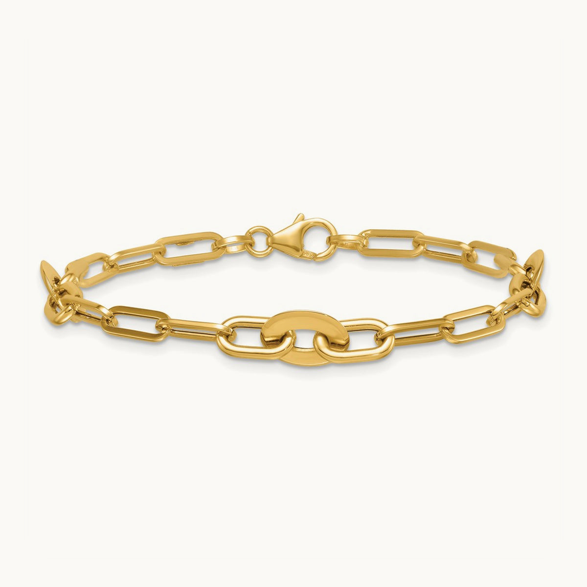 Polished Flat Oval and Paperclip Link 7.25 Inch Bracelet, 14K