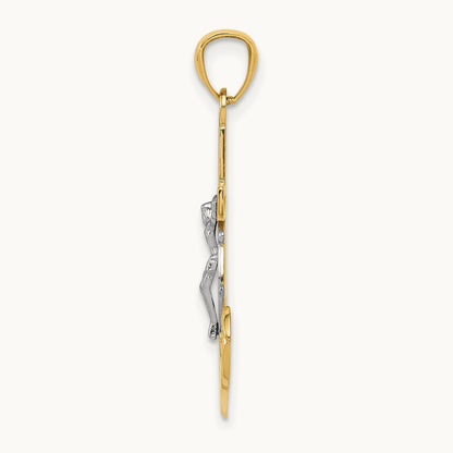 w/Rhodium Polished Mariners Crucifix Pendant, 14K