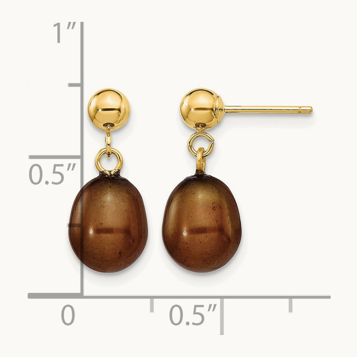 7- Brown Rice Freshwater Cultured Pearl Post Dangle Earrings, 8mm, 14K