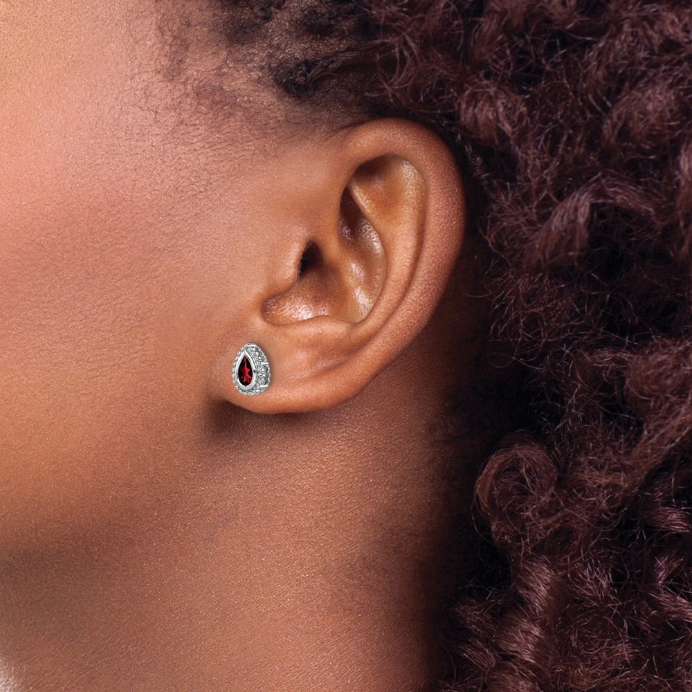 Pear Garnet Post Earrings — 14K White Gold