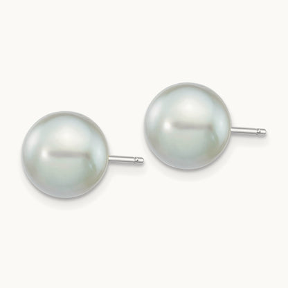 8- Round Grey Saltwater Akoya Culture Pearl Earrings, 9mm, 14K White Gold