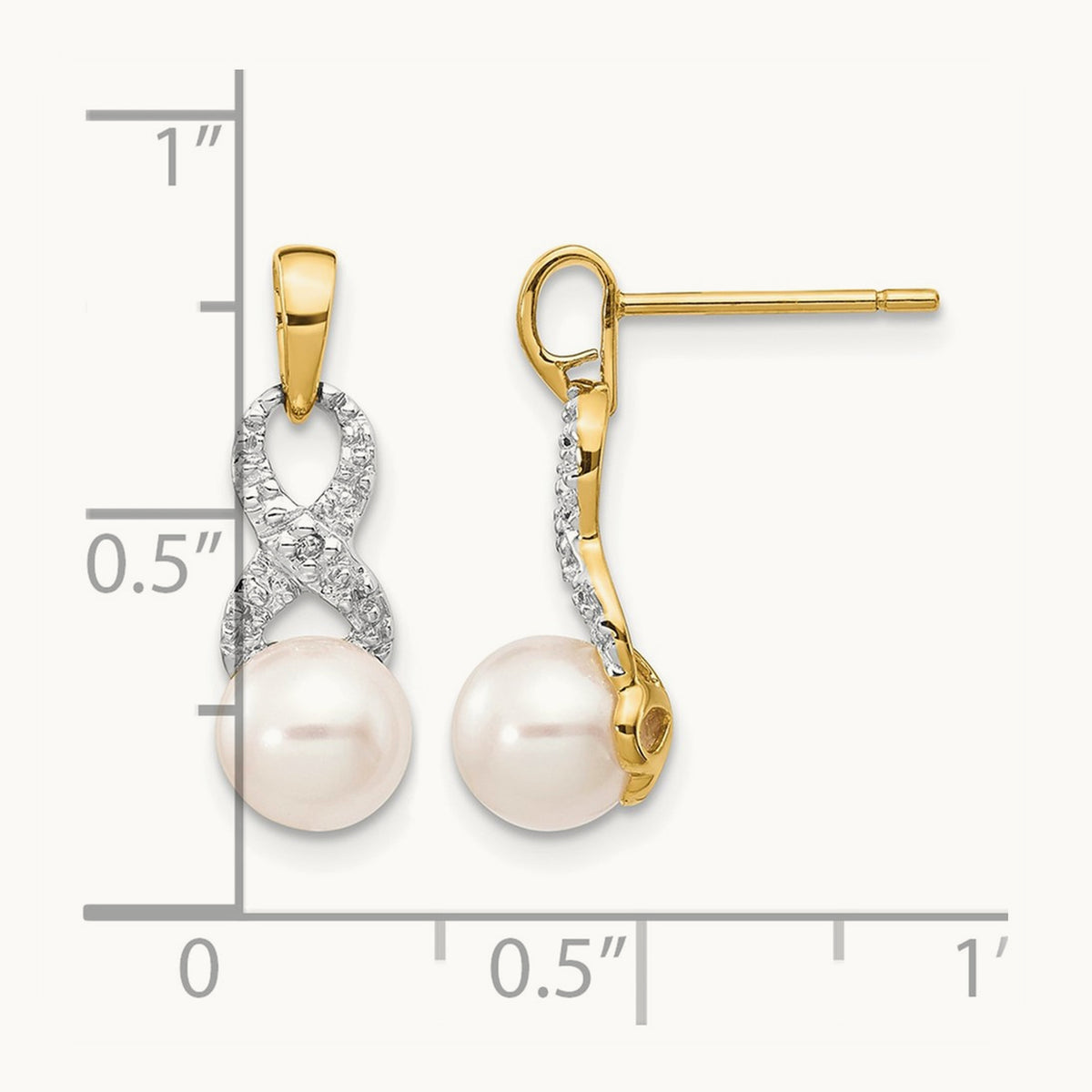 6- White Round FWC Pearl .01 Diamond Dangle Earrings, 7mm, 14K
