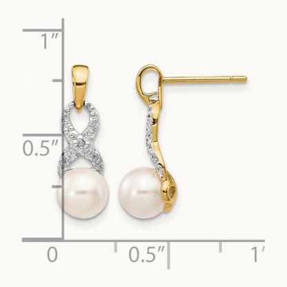 6- White Round FWC Pearl .01 Diamond Dangle Earrings, 7mm, 14K