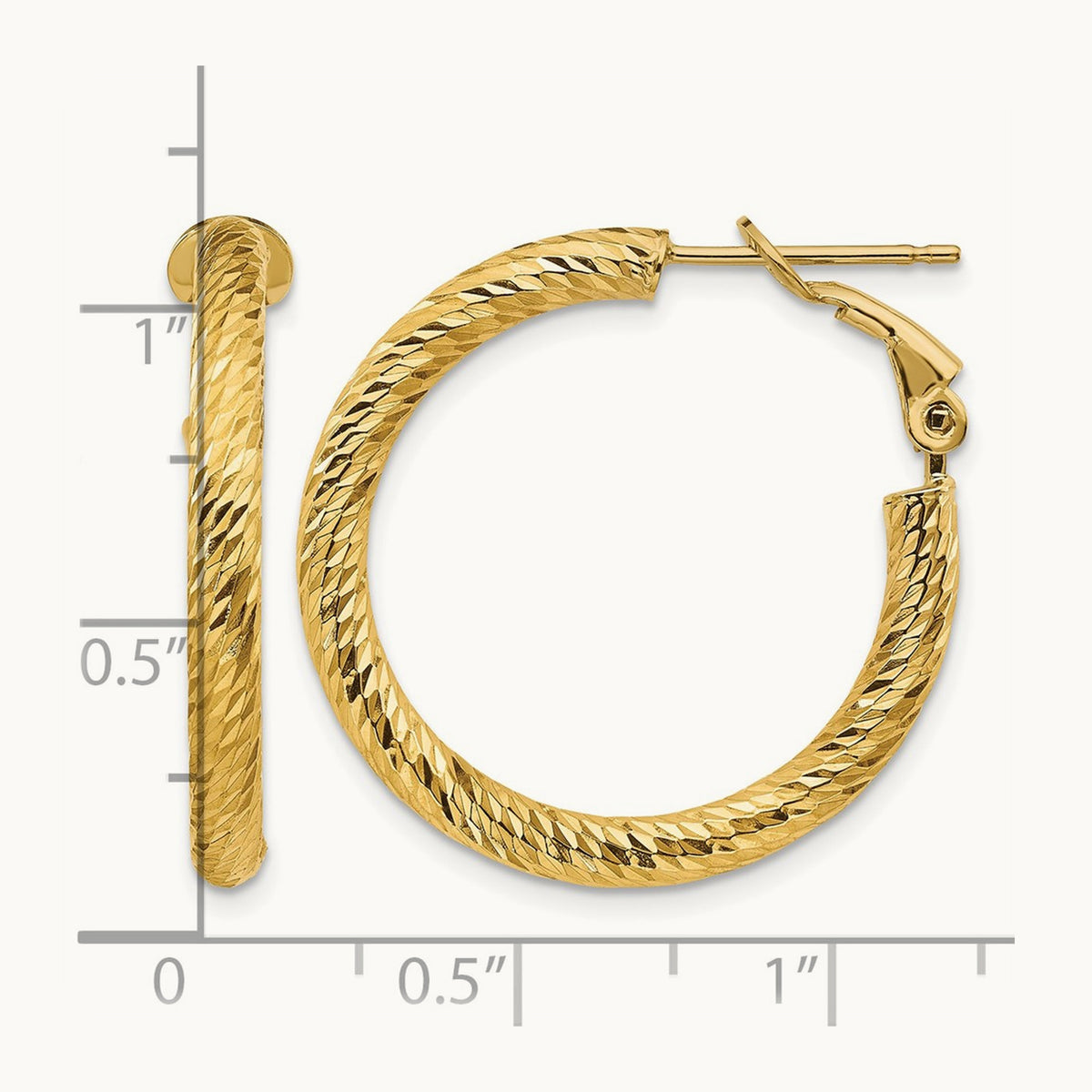 Diamond-cut Round Omega Back Hoop Earrings — 14K Yellow Gold, 3x27mm