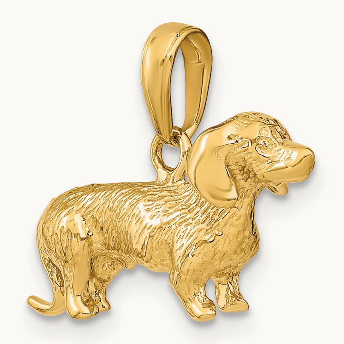 Solid Polished 3-D Wire Haired Dachshund Charm, 14K