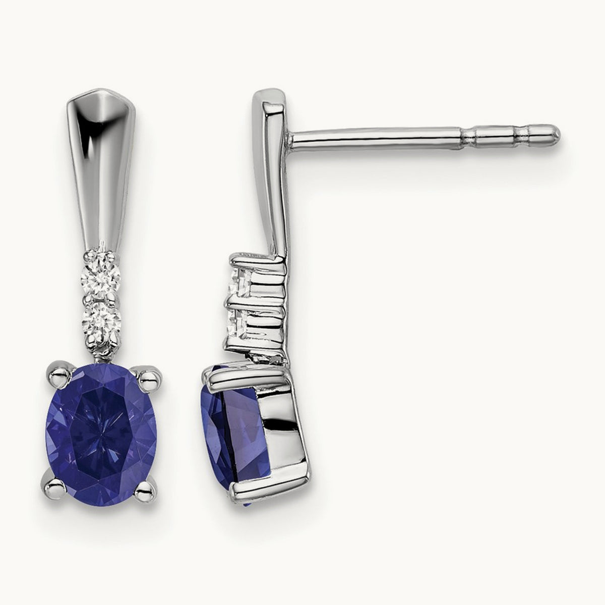 Oval Created Sapphire and Diamond Dangle Earrings — 14K White Gold