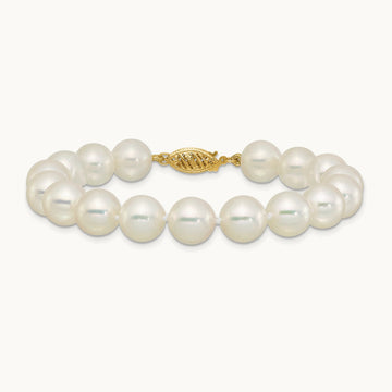 9- White Rnd Akoya Saltwater Cultured Pearl 7in Bracelet, 10mm, 14K