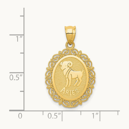 Solid Satin Polished Aries Zodiac Oval Pendant, 14K