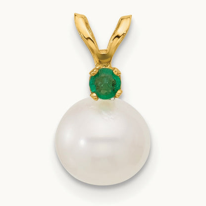 7- White Round FWC Pearl Emerald Pendant, 7.5mm, 14K