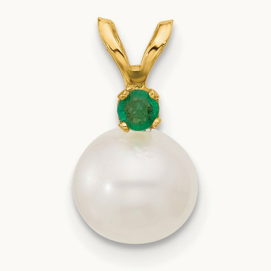 7- White Round FWC Pearl Emerald Pendant, 7.5mm, 14K