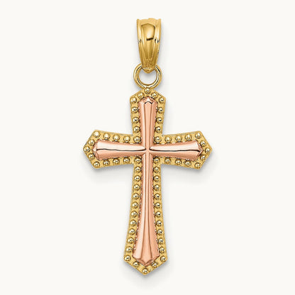 Beaded Trim Cross Charm — 14K Two-Tone Gold