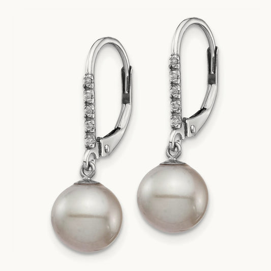8- Grey FWC Pearl .05ct Diamond Leverback Earrings, 9mm, 14K White Gold