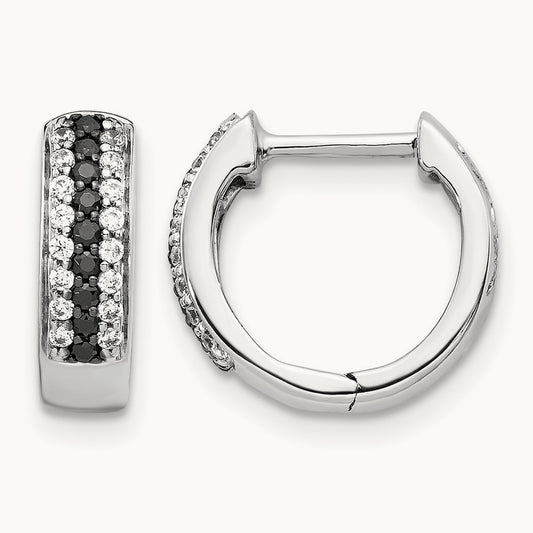 Black and White Diamond Hinged Hoop Earrings — 12mm