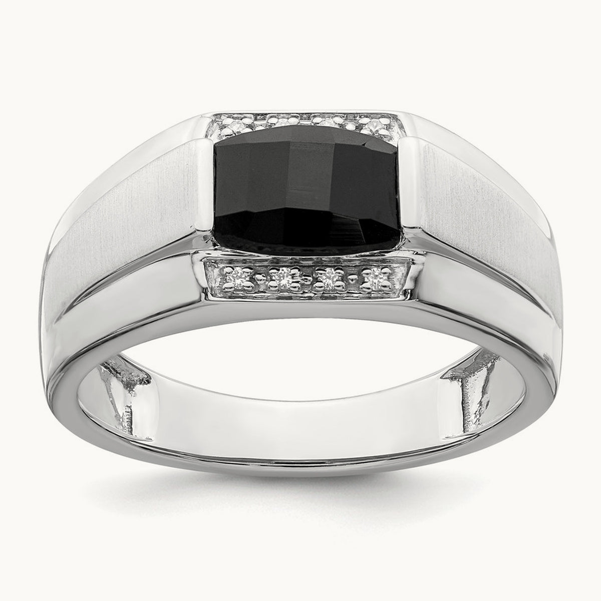 Polished & Satin Onyx & Diamond Mens Ring, 14K White Gold
