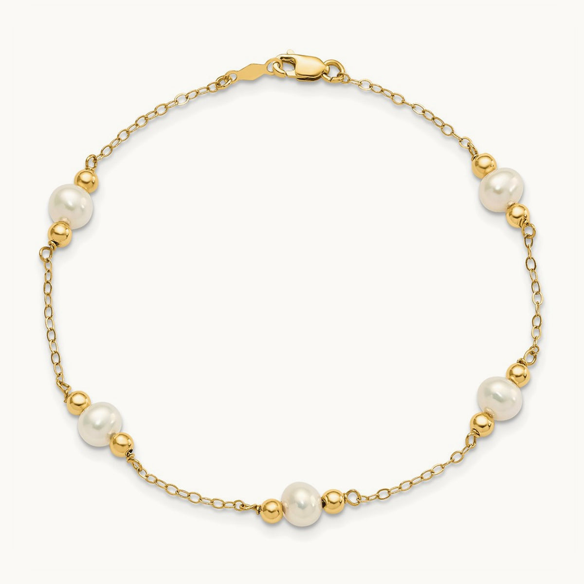 5- White Near Round FW Cultured Pearl Bead 5-station Bracelet, 6mm, 14K