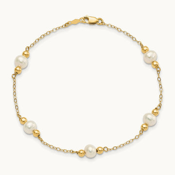 5- White Near Round FW Cultured Pearl Bead 5-station Bracelet, 6mm, 14K