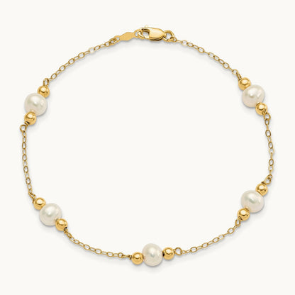 5- White Near Round FW Cultured Pearl Bead 5-station Bracelet, 6mm, 14K