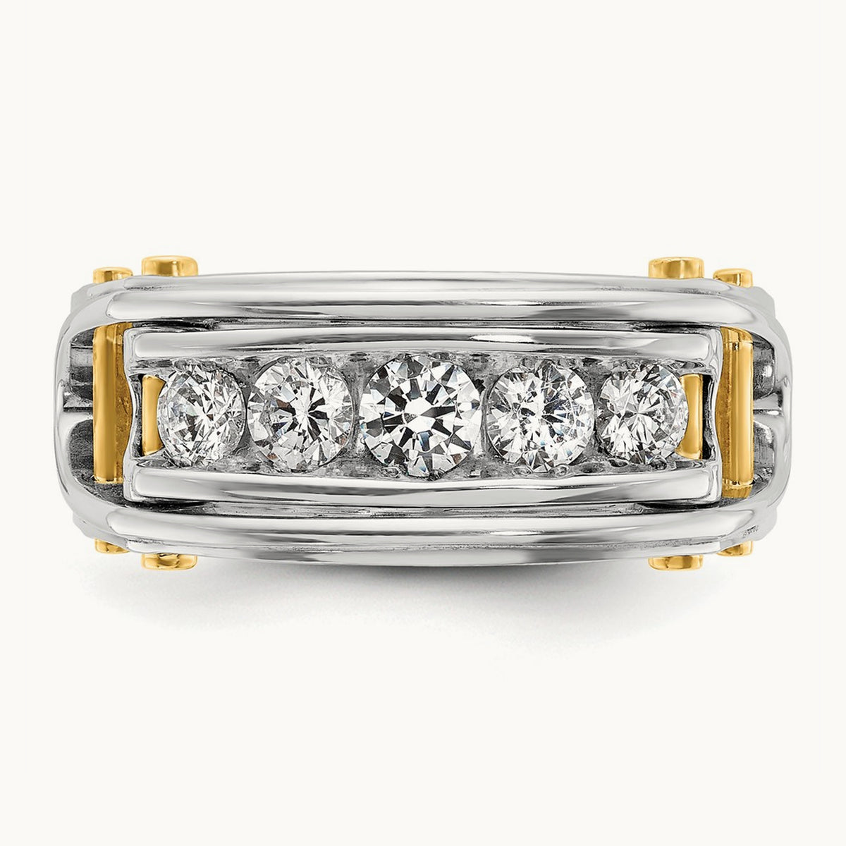 14ktt IBGoodman Men's Polished Grooved Cut-Out 5-Stone Diamond Ring