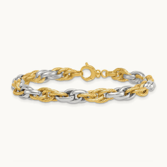 Polished Textured Fancy Rope Link Bracelet, 14K Two-tone