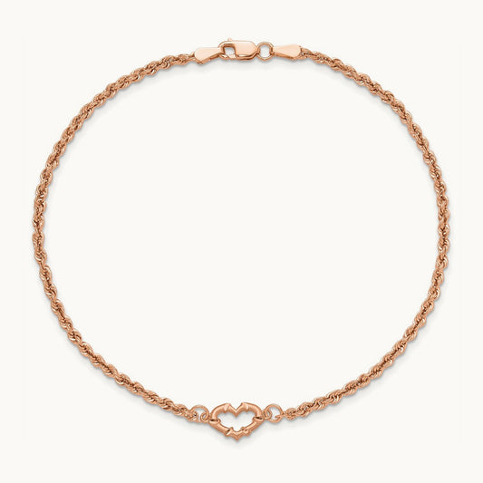 Diamod-cut Rope with Heart 9in Anklet, 14K Rose Gold