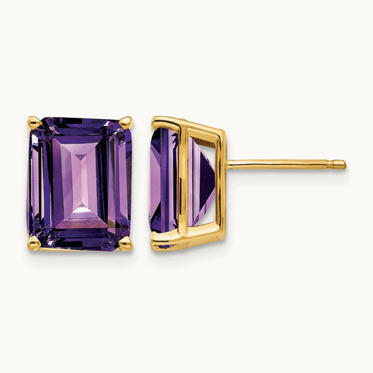 10x8mm Emerald Cut Amethyst Earrings, 14K