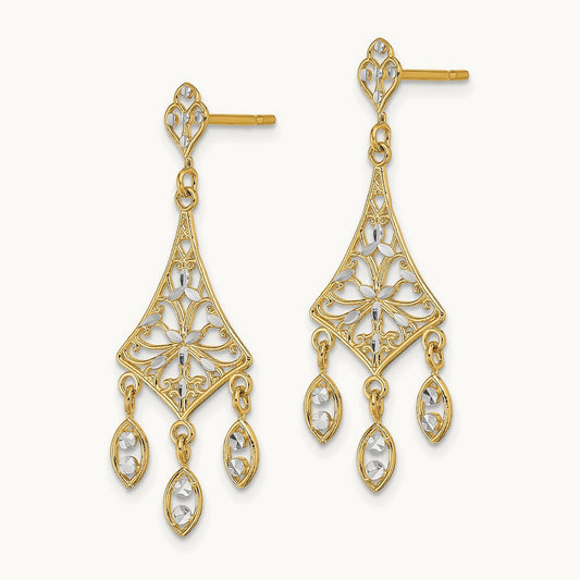 w/Rhodium Filigree D/C Chandelier Dangle Earrings, 14K