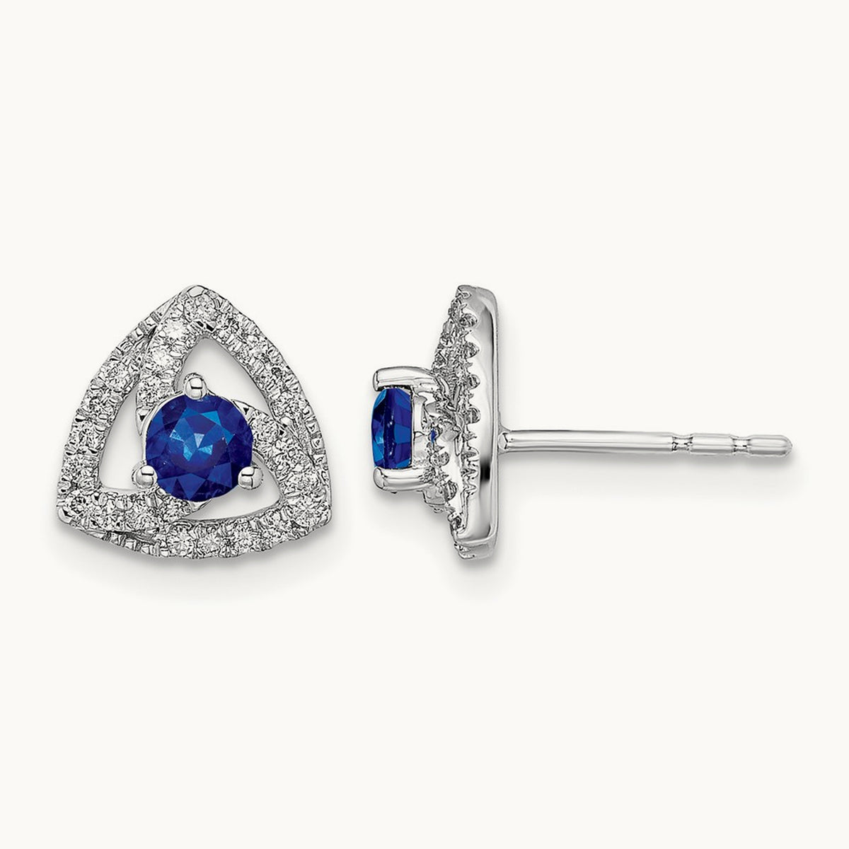 Diamond and Blue Sapphire Triangle Post Earrings, 14K White Gold