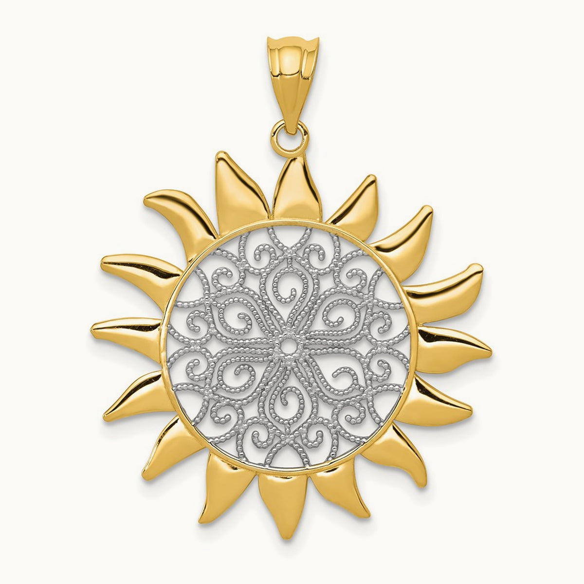 w/Rhodium Sun Filigree Pendant, 14K