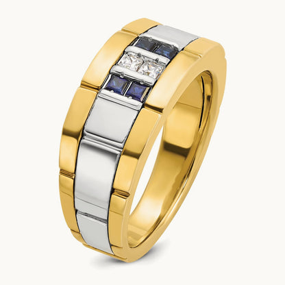 14ktt IBGoodman Men's Polished & Grooved Cr. Sapphire & Diamond Ring
