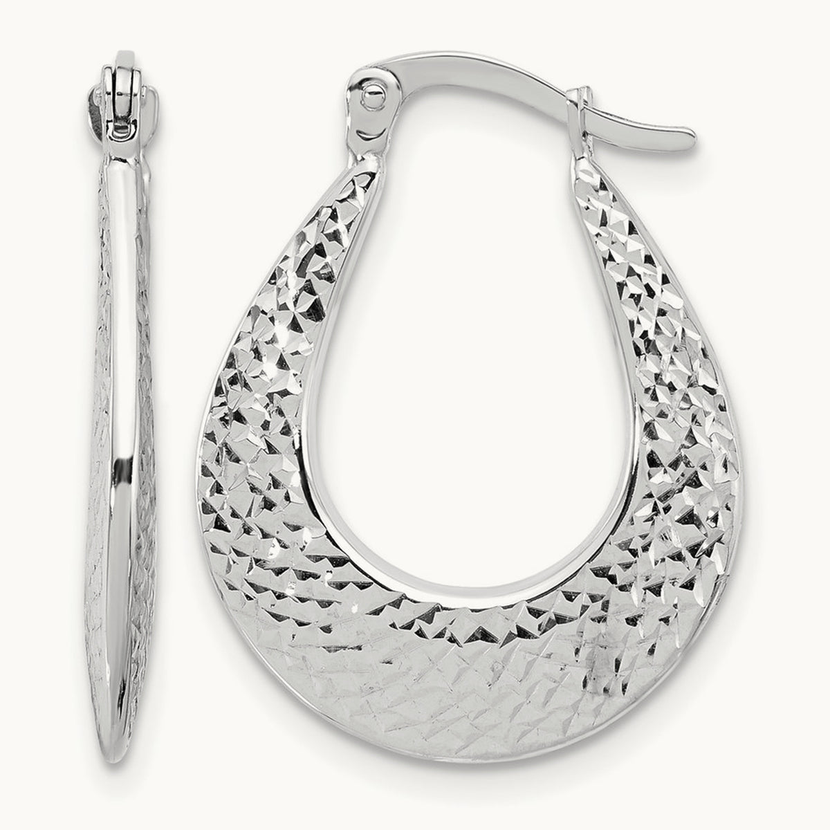 Polished and Diamond-cut Hoop Earrings — 14K White Gold