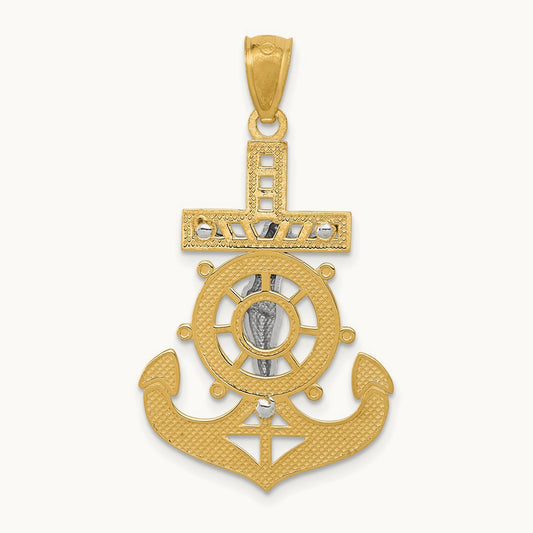 w/Rhodium Polished Mariners Crucifix Pendant, 14K