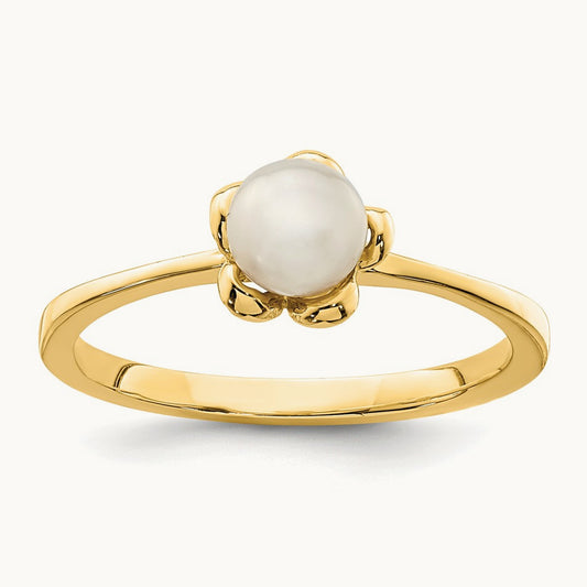 Madi K 4- White Button Freshwater Cultured Pearl Flower Ring, 5mm, 14K