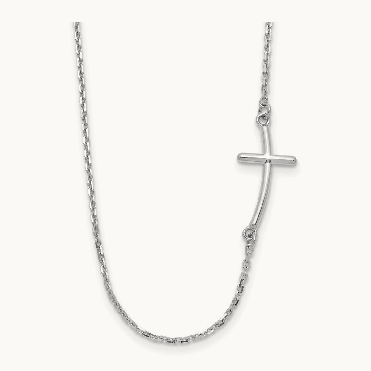 Small Sideways Curved Cross Necklace — 14K White Gold