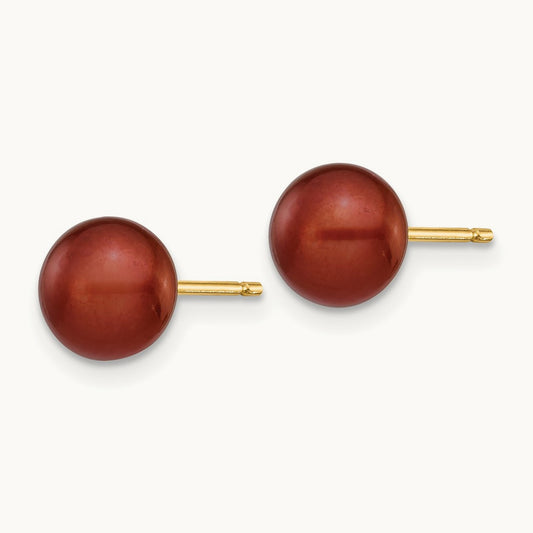 6- Brown Button Freshwater Cultured Pearl Stud Post Earrings, 7mm, 14K