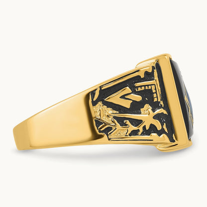 Men's Polished & Textured w/ Black Enamel & Onyx Masonic Ring, 14K