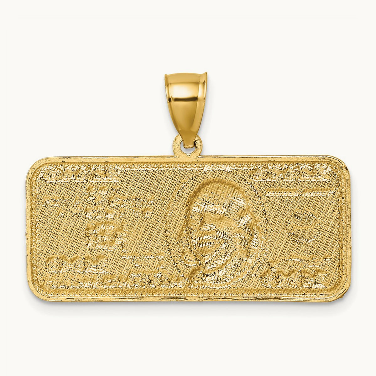 Polished w/Rhodium Diamond-cut 100 Dollar Bill Pendant, 14K