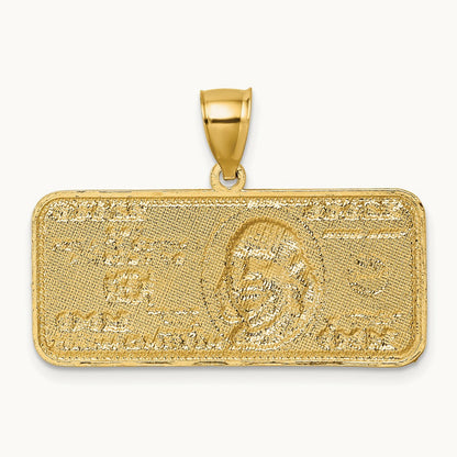Polished w/Rhodium Diamond-cut 100 Dollar Bill Pendant, 14K