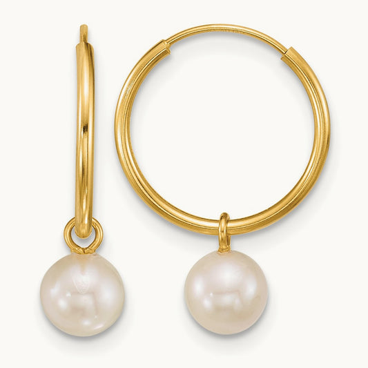 5- Round White Semi-Round FWC Pearl Hoop Earrings, 6mm, 14K